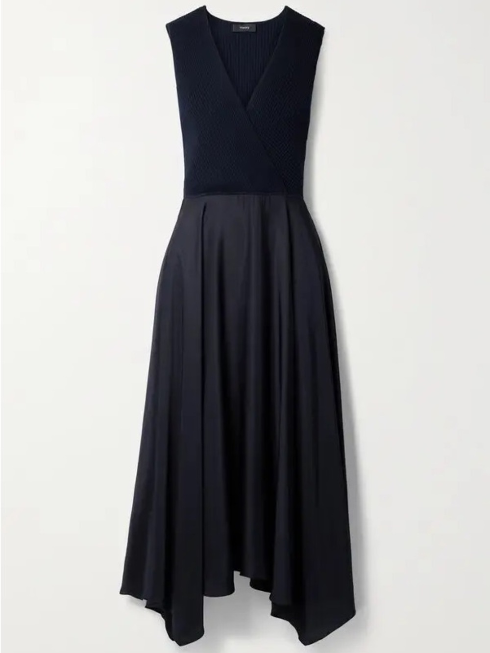 Theory Black Wrap-Effect Ribbed-Knit‎ and Satin-Twill Midi Dress